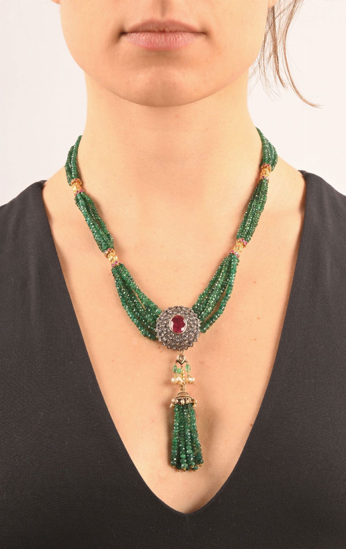 Collana Sautoir in Oro, Argento, Smeraldi Tormaline e Diamanti