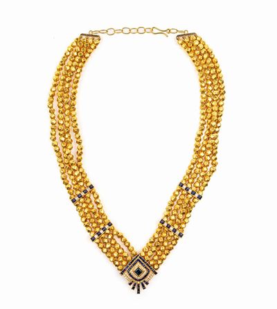 Collana di Sfere in Oro e Centrale in Oro Zaffiri e Brillanti
