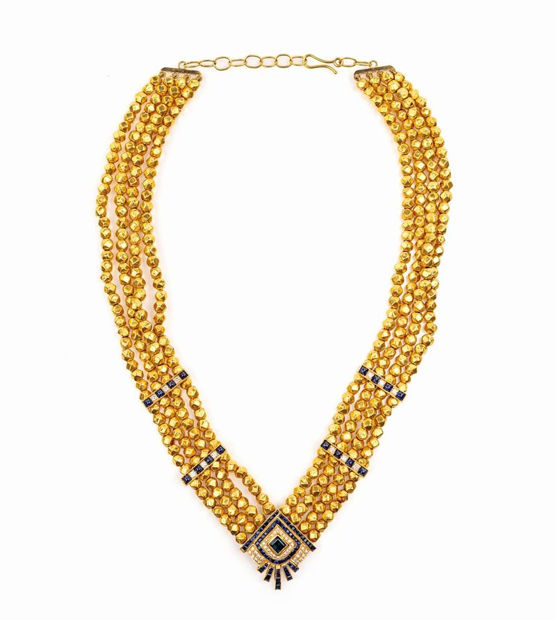 Collana di Sfere in Oro e Centrale in Oro Zaffiri e Brillanti