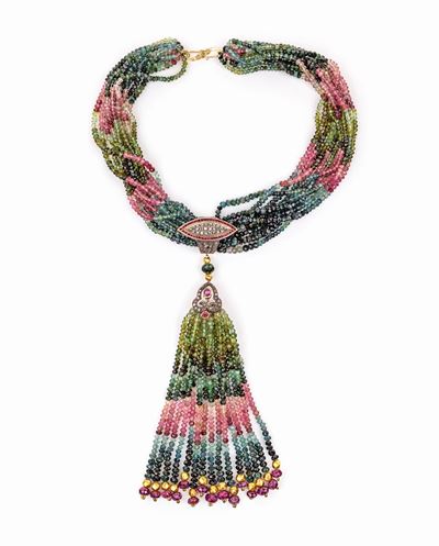 Collana in Tormaline Multicolor, Oro, Argento, Diamanti e Rubini
