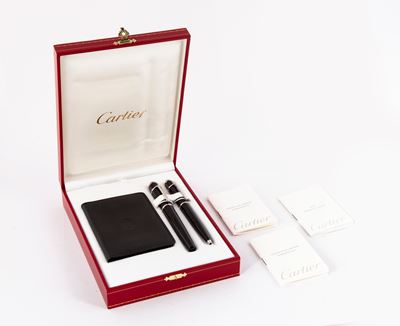 Cartier Diabolo - Roller e Penna a Sfera in Acciaio e Composite Nero con Portabiglietti in Pelle.