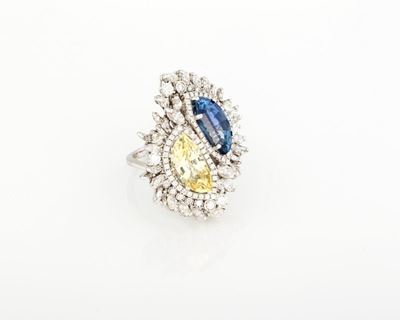 Anello in Oro Bianco con Zaffiri Gialli e Blu
