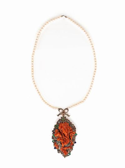 Collana in Oro, Argento Corallo, Perle e Pietre Preziose