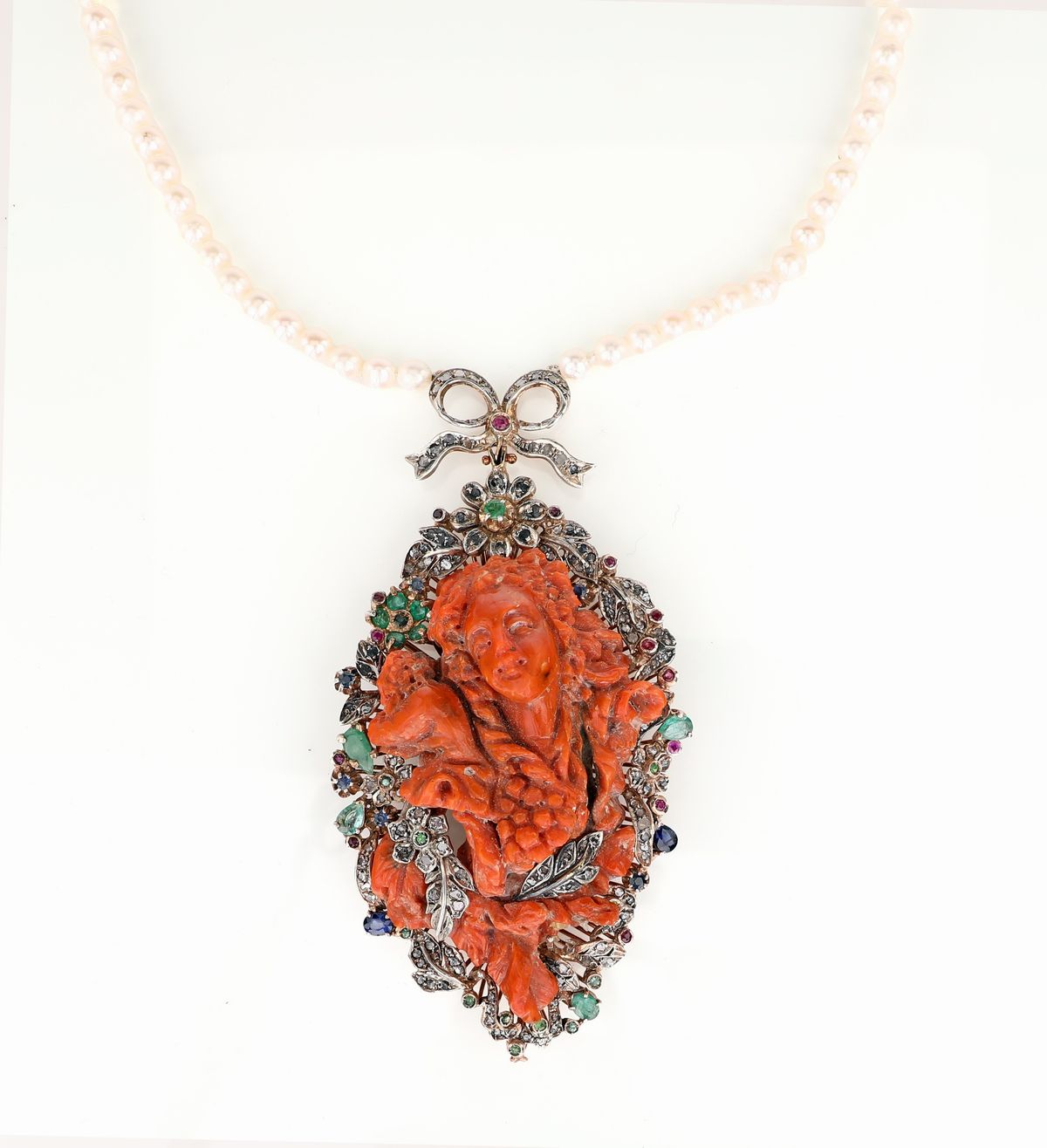 Collana in Oro, Argento Corallo, Perle e Pietre Preziose