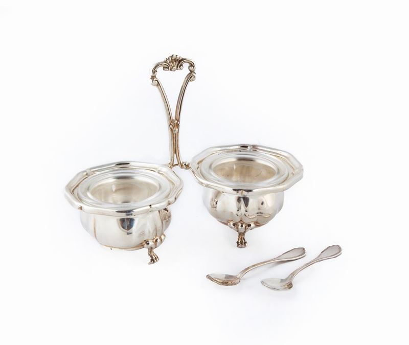 Saliera in Argento 925 a Doppia Vaschetta con Cucchiaini