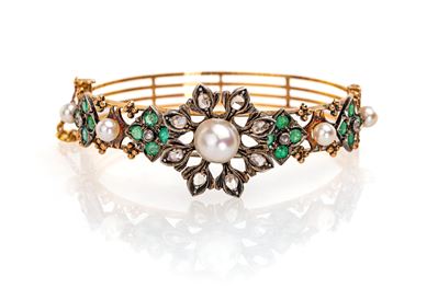 Bracciale in Oro e Argento, Perle, Diamanti e Smeraldi