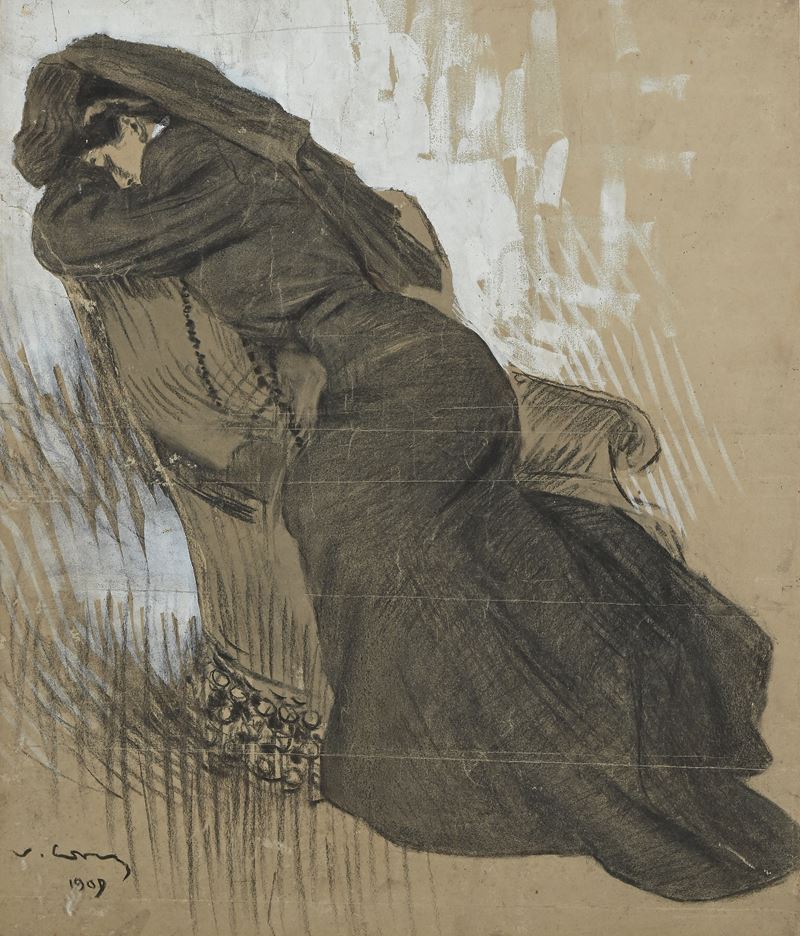 Vittorio Matteo Corcos - Figura in nero, carboncino e tempera su carta