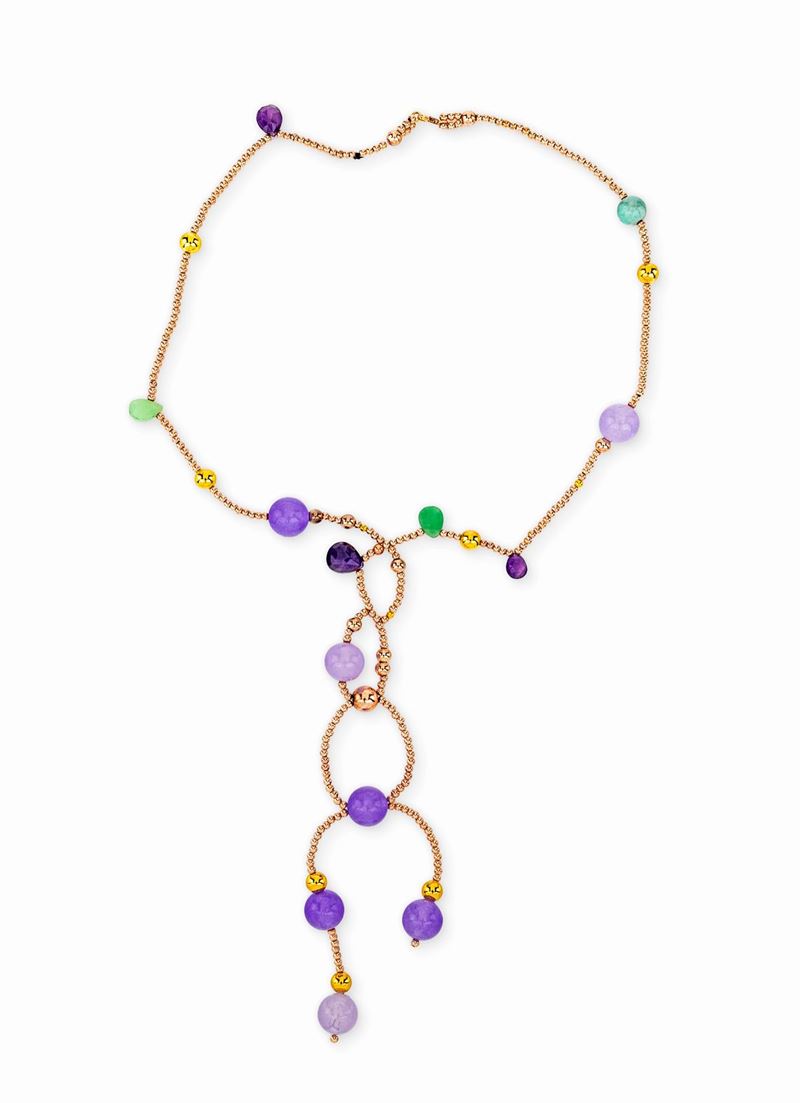 Collana in Oro, Metallo Dorato, Ematite Rosa, Giada e Giada Viola