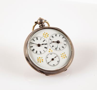 Orologio da Tasca con Cassa in Argento con Meccanica a Doppio Fuso Orario. Scappamento Ad Ancora,...
