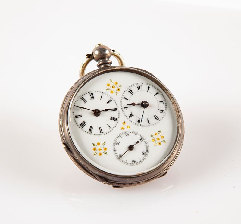 Orologio da Tasca con Cassa in Argento con Meccanica a Doppio Fuso Orario. Scappamento Ad Ancora,...