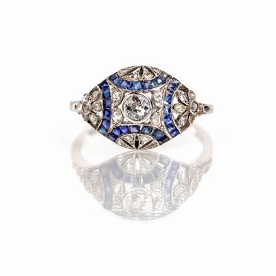 Anello Decò in Oro, Diamanti e Zaffiri