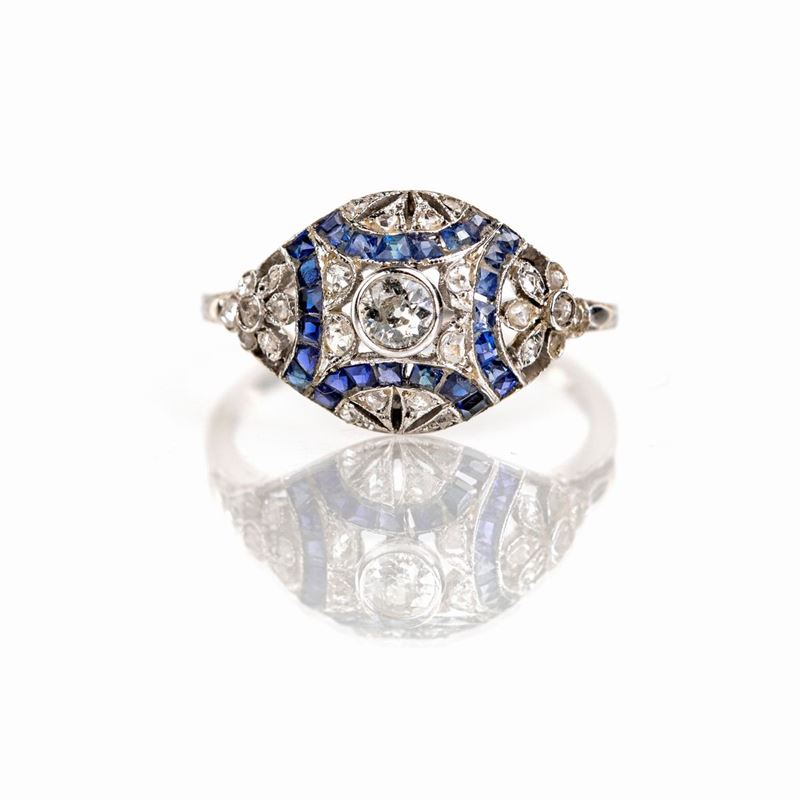 Anello Decò in Oro, Diamanti e Zaffiri