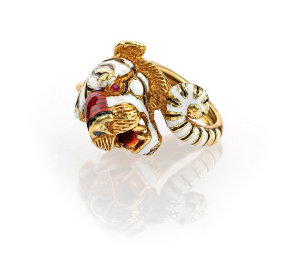 Frascarolo anello tigre bianca in oro e rubini