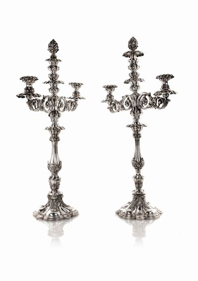 Coppia di Grandi Candelabri in Argento a Tre Luci a Doppio Uso, Ultimo Quarto XIX Secolo