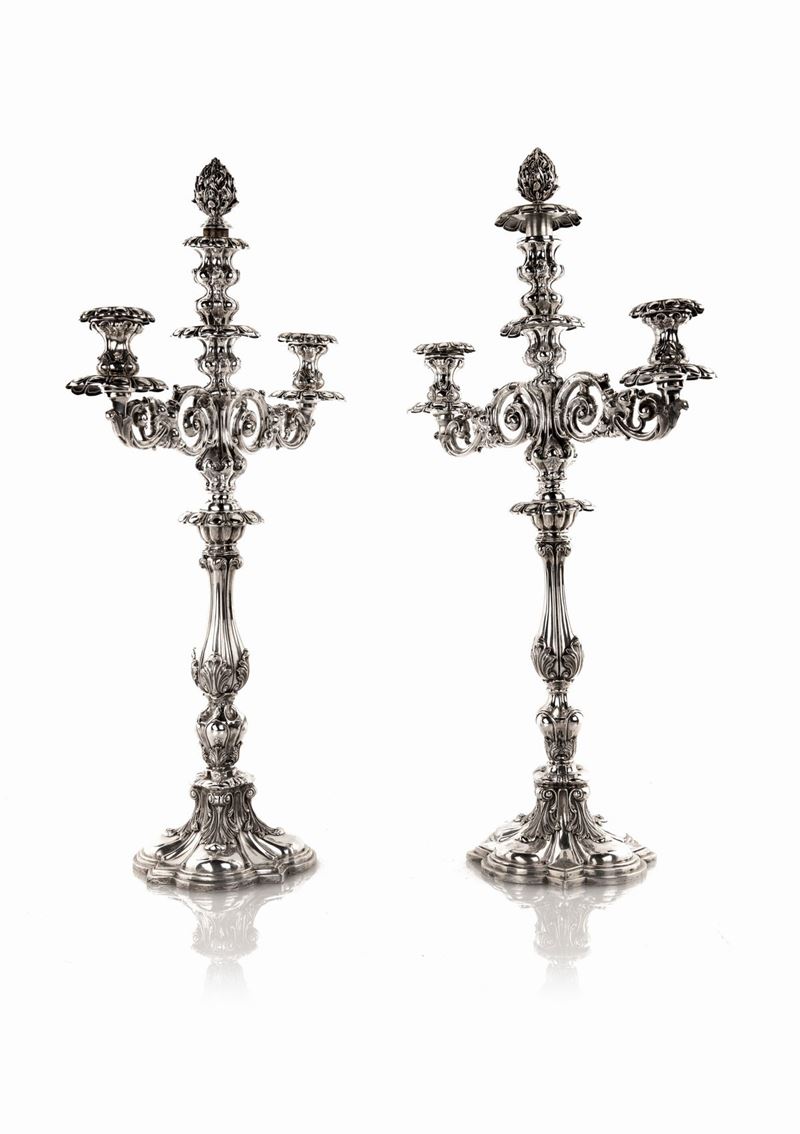 Coppia di Grandi Candelabri in Argento a Tre Luci a Doppio Uso, Ultimo Quarto XIX Secolo