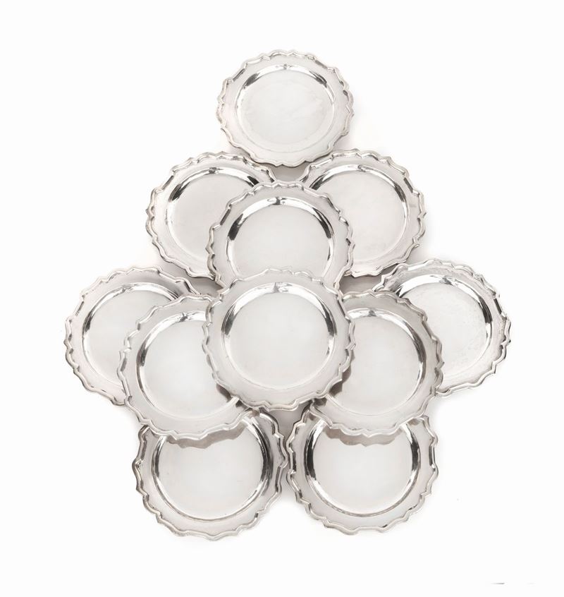 Dodici Piattini Sotto Bicchiere in Argento 800/000, Punzone Venezia Leone in Moeca