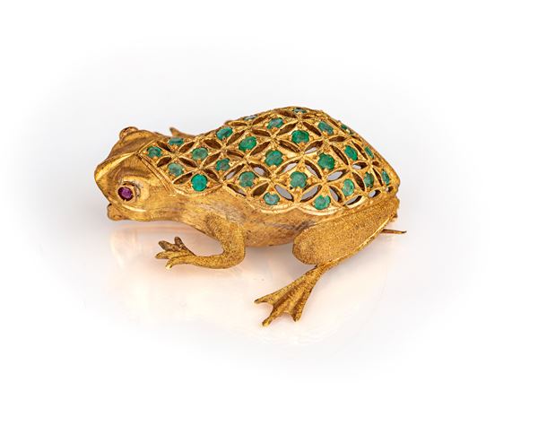 Spilla in oro smeraldi e rubini