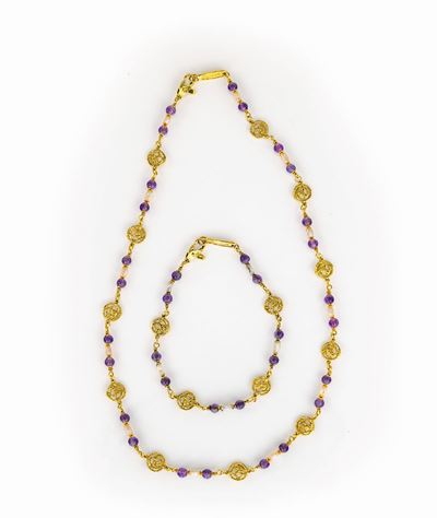 Girocollo e Bracciale in Oro, Ametiste e Perle