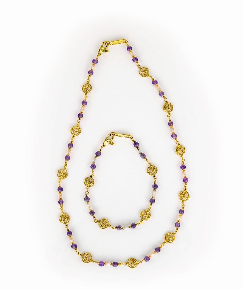 Girocollo e Bracciale in Oro, Ametiste e Perle