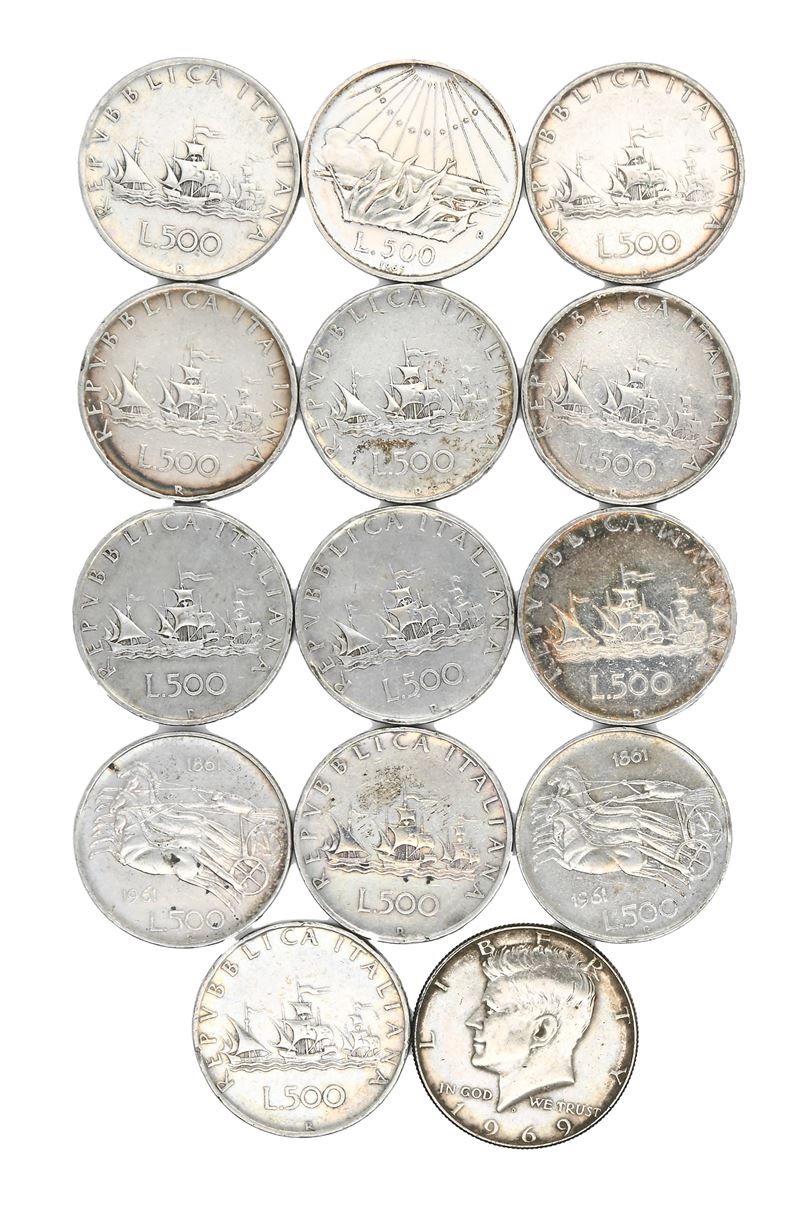 Lotto di 14 Monete D'argento: 13 Monete da 500 Lire Repubblica Italiana; Mezzo Dollaro Kennedy 19...