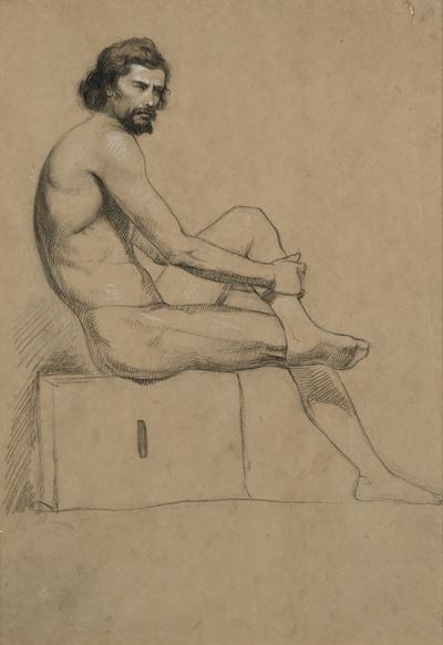 Recto Nudo accademico seduto - Verso Studio di nudo, carboncino e gesso su carta, 1860-1865