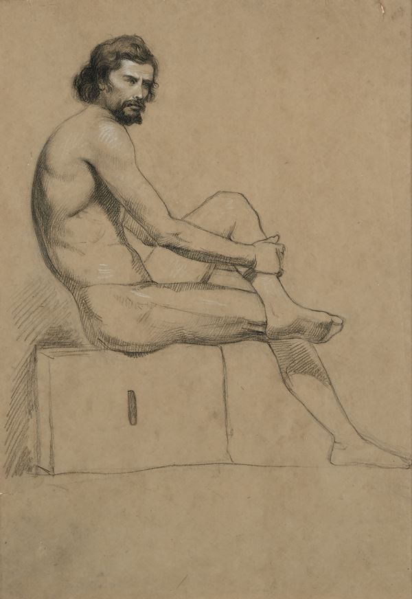 Ettore  Ferrari - Recto Nudo accademico seduto - Verso Studio di nudo