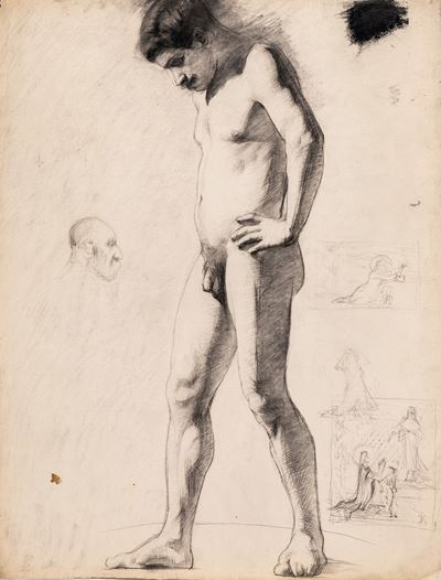 Nudo Accademico con Scene Religiose e Caricatura, Carboncino e Matita su Carta