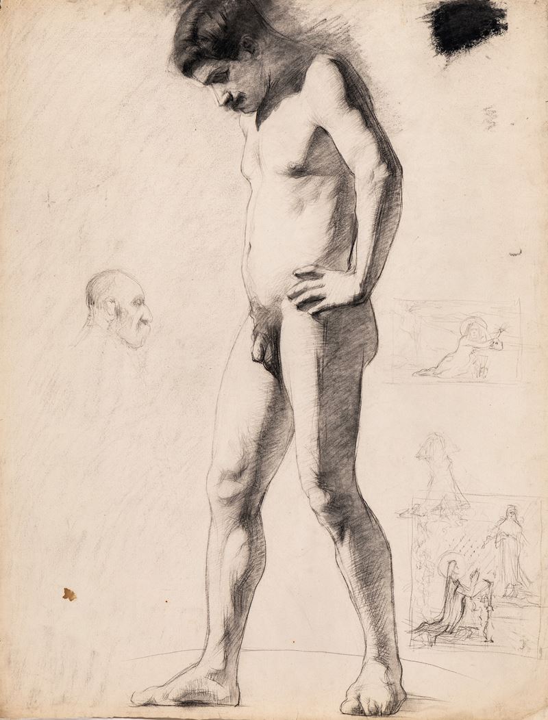 Jean Veber - Nudo Accademico con Scene Religiose e Caricatura, Carboncino e Matita su Carta