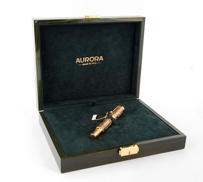 Aurora Benvenuto Cellini - Penna Stilografica Cesellata in Oro Giallo Massiccio 18 Kt con Smerald...