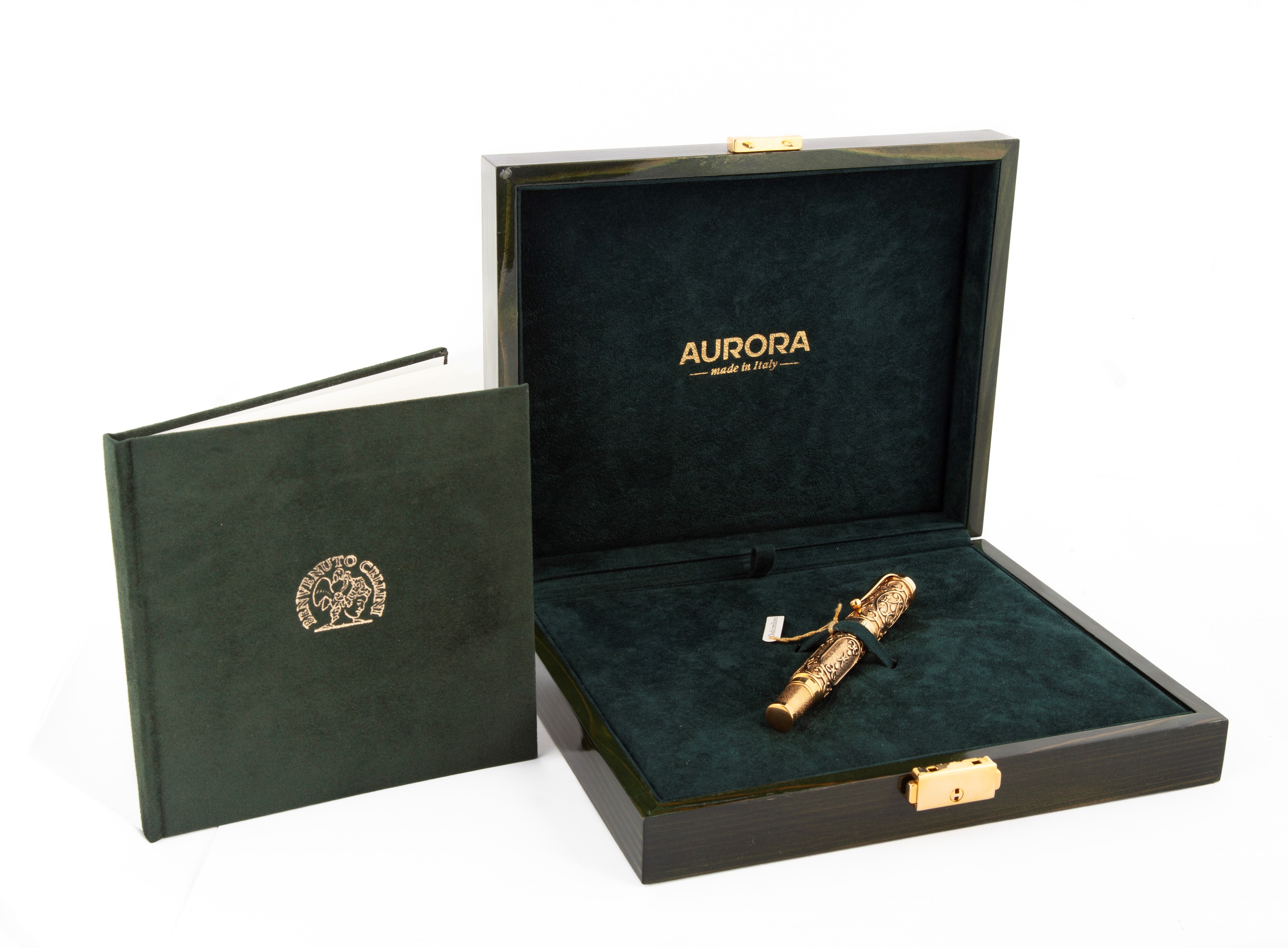 Aurora Benvenuto Cellini - Penna Stilografica Cesellata in Oro Giallo Massiccio 18 Kt con Smerald...