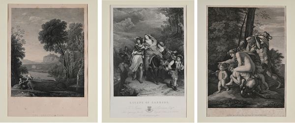 Nicolas Poussin,Maurice Blot - Lotto di Tre incisioni: Peint par N.as Poussin, Gravé par Blot - Voyage de faunes, de satyres et d'hamadryades