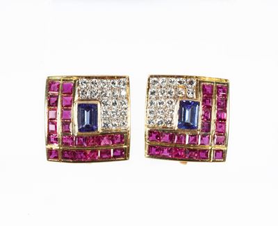 Orecchini in Oro, Brillanti, Tanzanite e Rubini