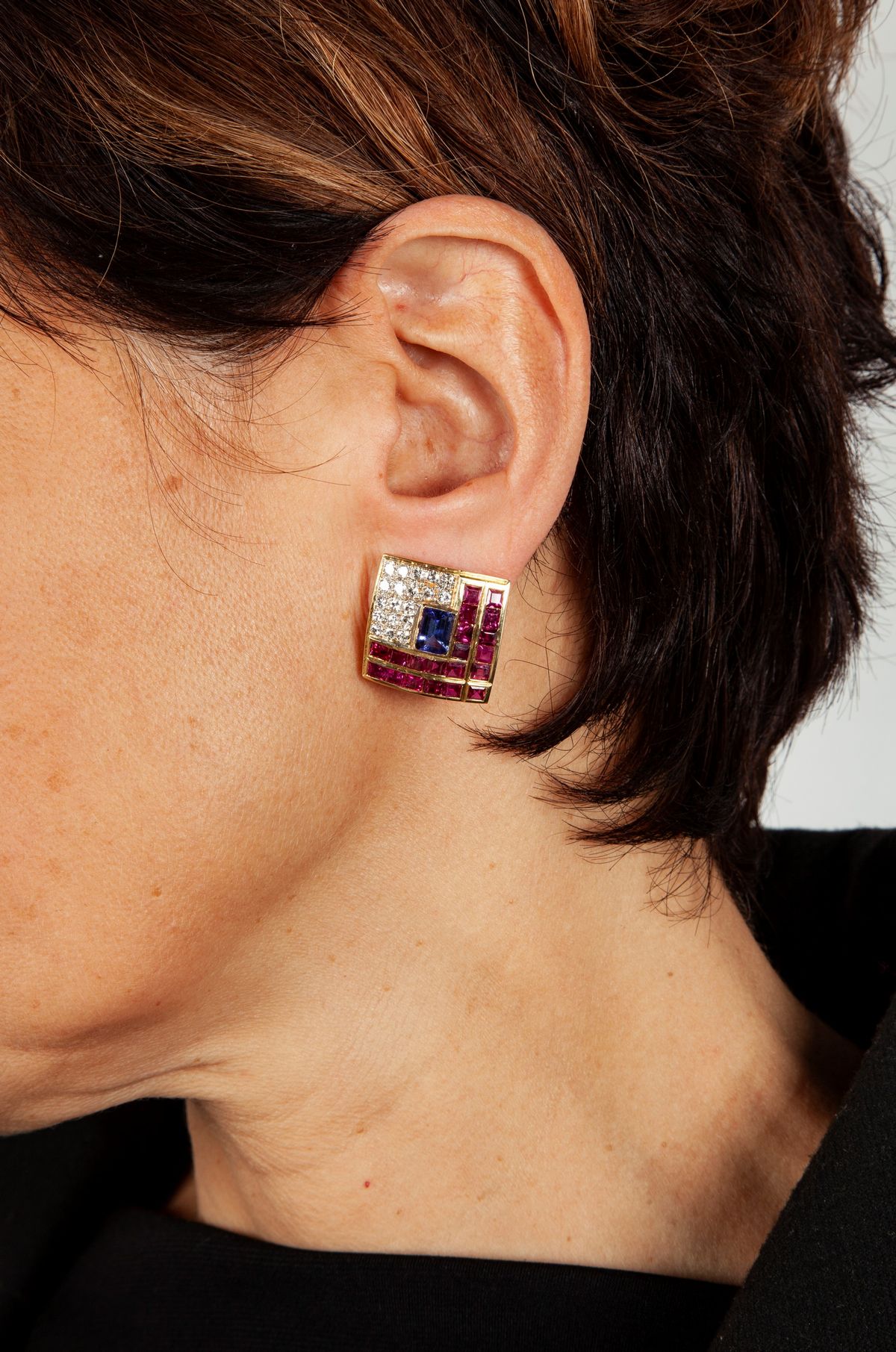 Orecchini in Oro, Brillanti, Tanzanite e Rubini