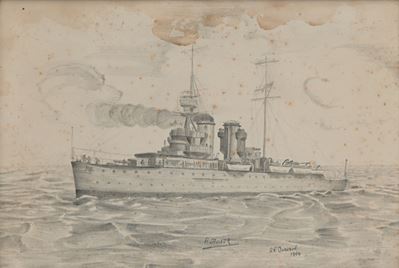 A. R. Dodson - Disegno a Matita Raffigurante un Incrociatore da Guerra della Marina Inglese