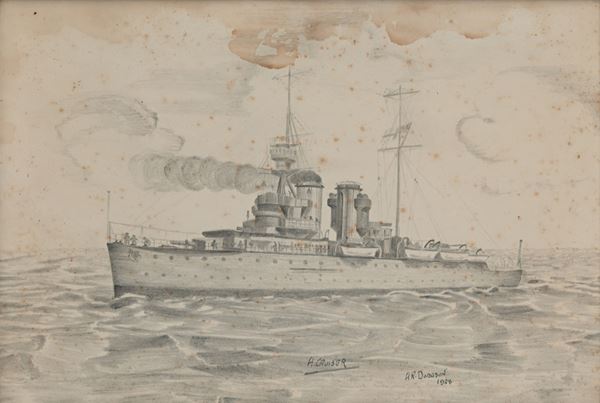 A. R. Dodson - Disegno a matita raffigurante un incrociatore da guerra della marina inglese