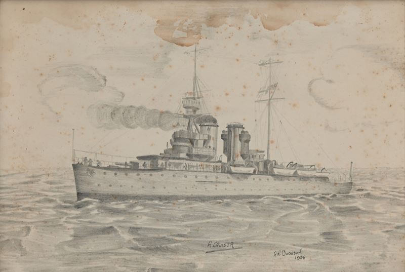 A. R. Dodson - Disegno a Matita Raffigurante un Incrociatore da Guerra della Marina Inglese