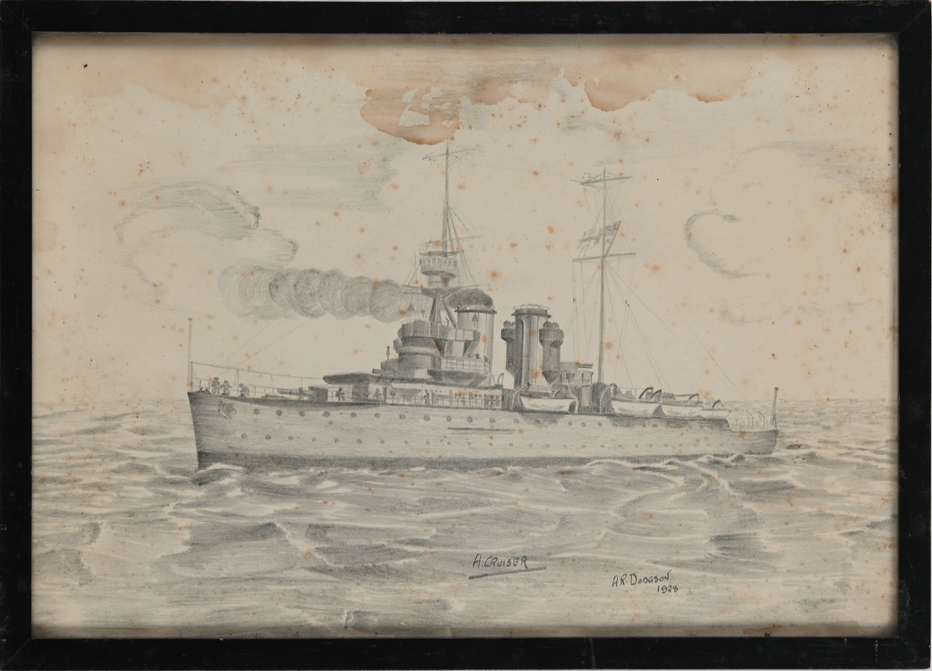 A. R. Dodson - Disegno a Matita Raffigurante un Incrociatore da Guerra della Marina Inglese