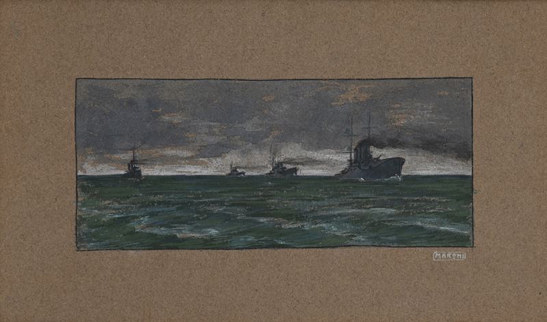 Marconi (?) - Acquarello con 4 navi da guerra