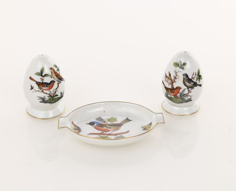 Sale-pepe e Posacenere da Tavola in Porcellana, Decoro Rothschild, Manifattura di Herend, Ungheri...