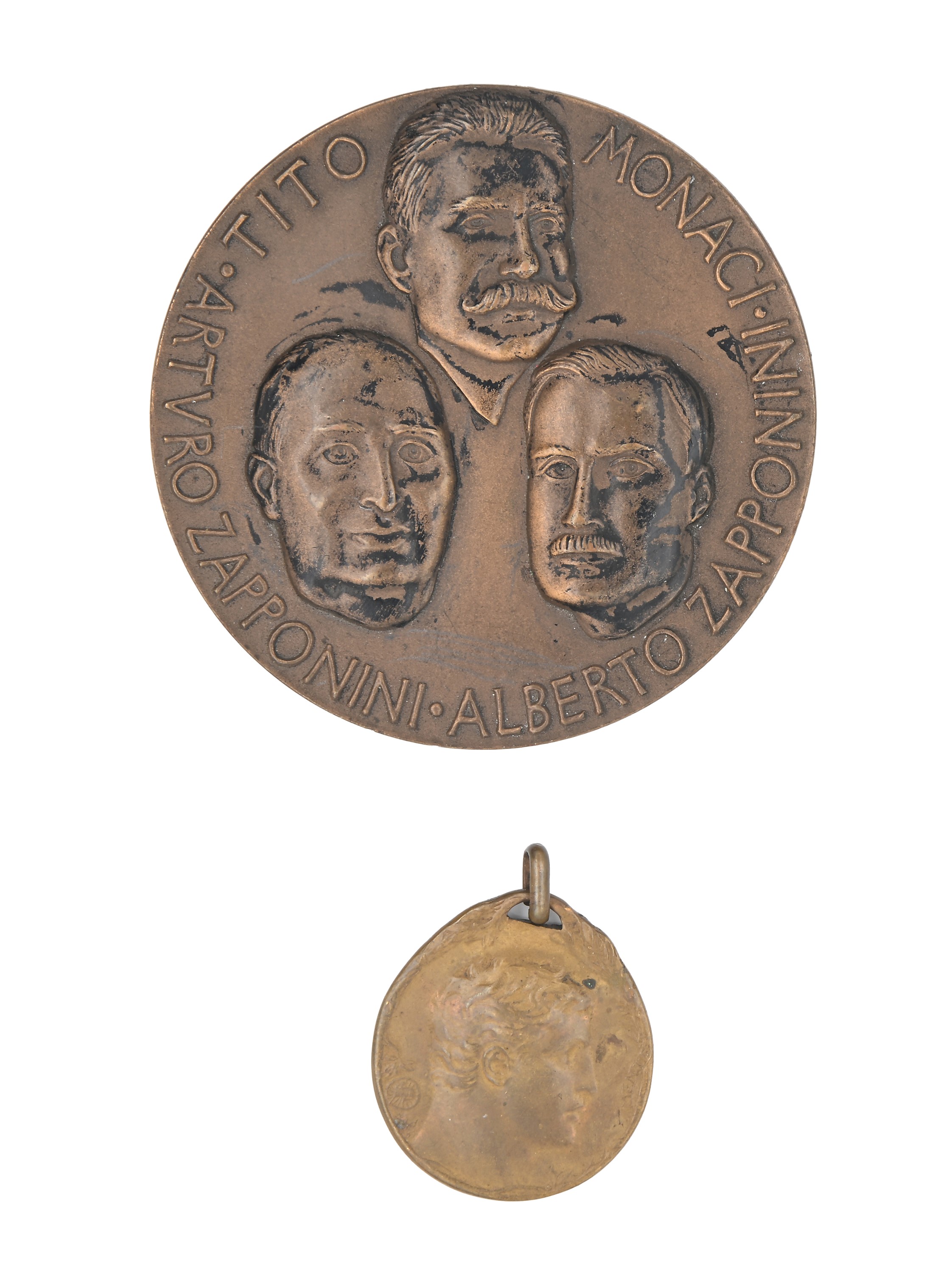 2 Medaglie in Bronzo: Touring Club Italiano Decennale 1894-1904 - Centenario Guida Monaci 1870-19...