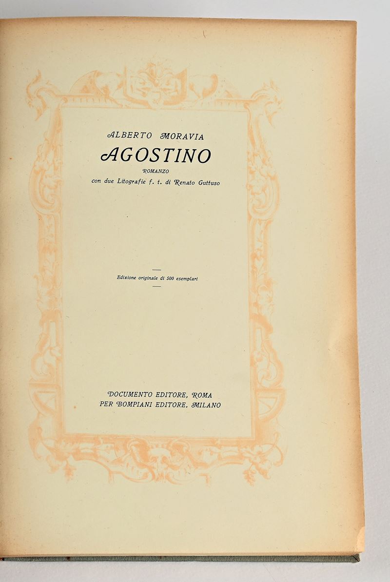 Alberto Moravia - Agostino. Con due Litografie fuori testo di Renato Guttuso. Edizione originale ...