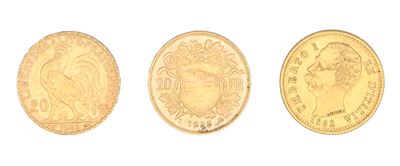 Lotto di Tre Monete: 20 Franchi 1905 Repubblica Francia; 20 Franchi Svizzera 1935; 20 Lire 1882 U...