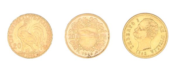 Lotto di tre monete: 20 Franchi 1905 Repubblica Francia; 20 Franchi Svizzera 1935; 20 Lire 1882 Umberto I Regno d'Italia