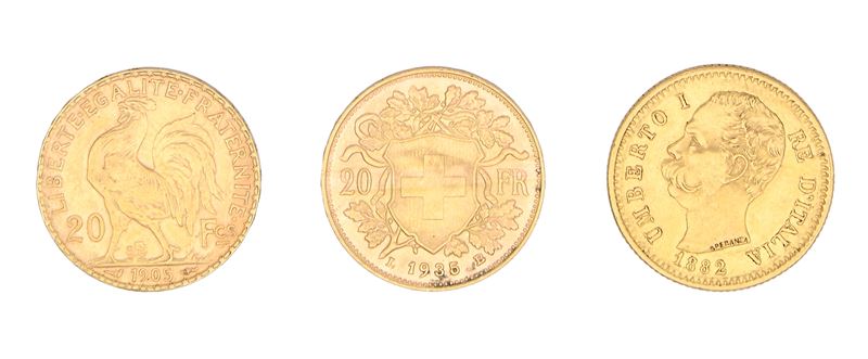 Lotto di Tre Monete: 20 Franchi 1905 Repubblica Francia; 20 Franchi Svizzera 1935; 20 Lire 1882 U...