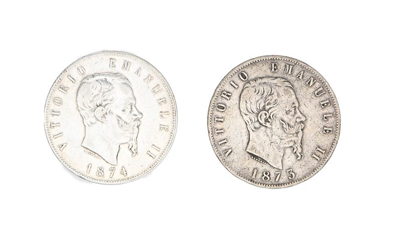 2 Monete da 5 Lire 1873 M e 1874 M Vittorio Emanuele II Regno D'italia
