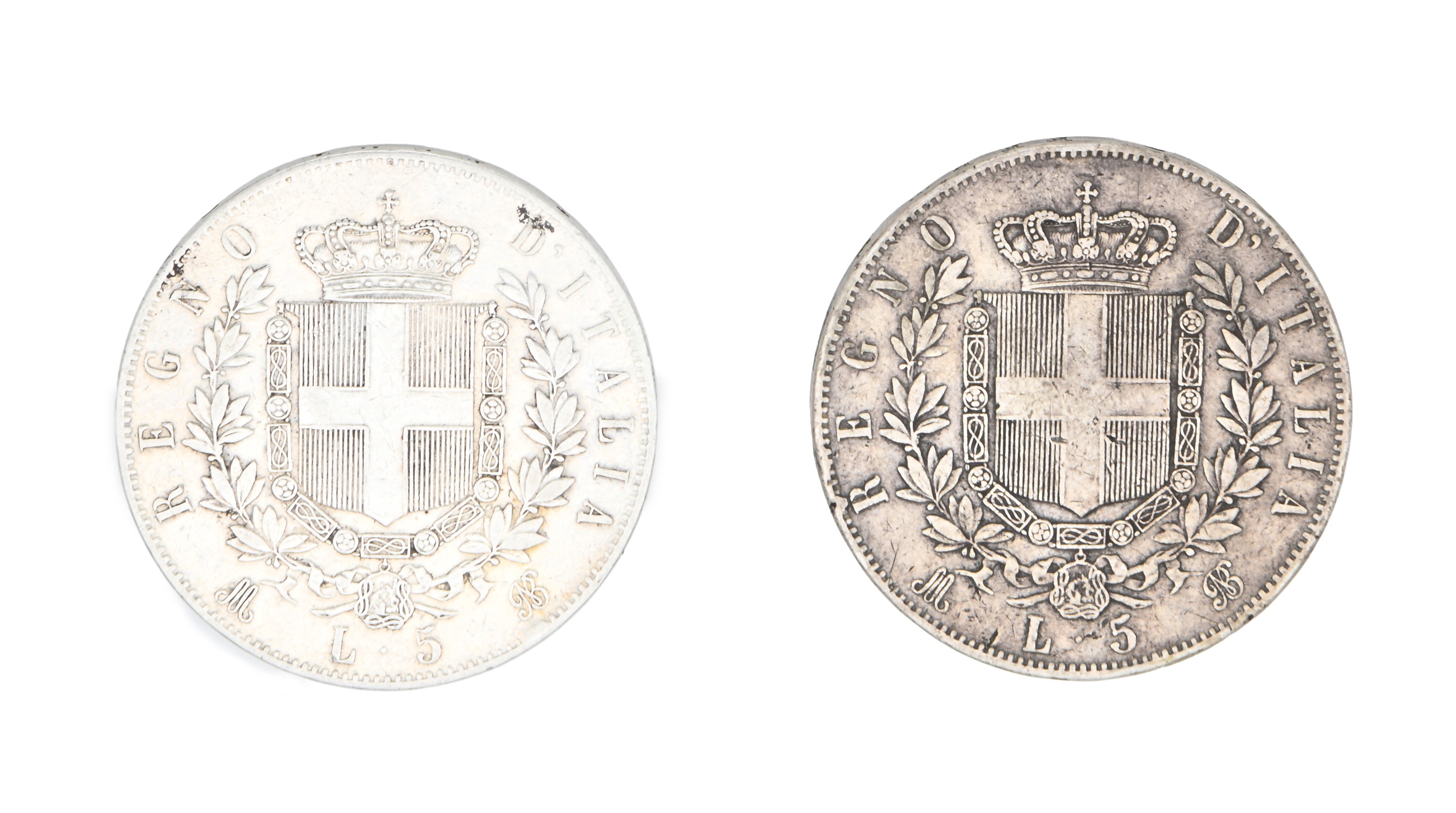 2 Monete da 5 Lire 1873 M e 1874 M Vittorio Emanuele II Regno D'italia