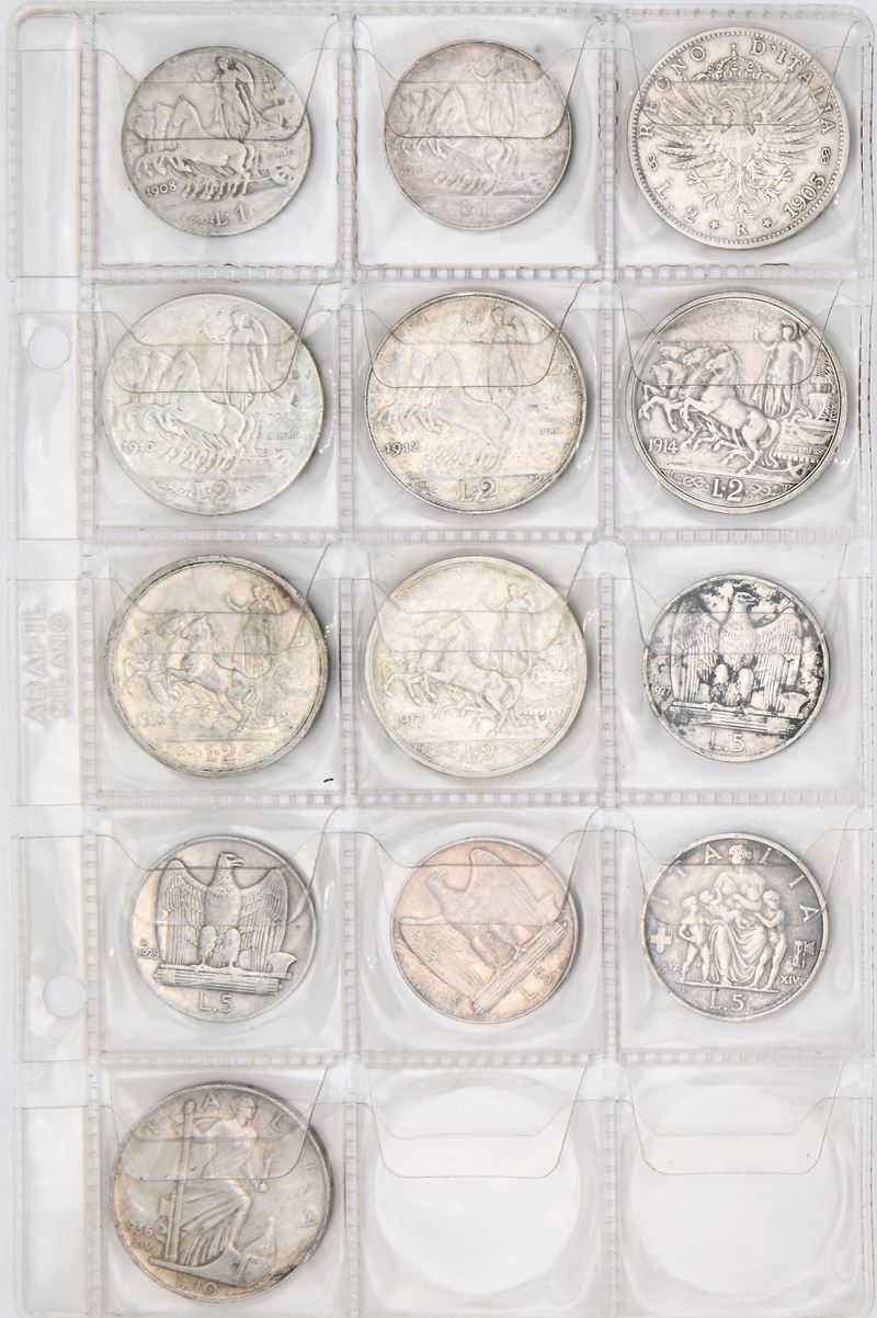Lotto Composto da 1 Lira 1908, 1913; 2 Lire 1905, 1910, 1912, 1914, 1916, 1917; 5 Lire 1927, 1929...