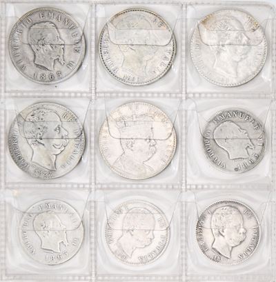 Lotto di 5 Monete da 2 Lire: Valore 1863 Napoli, Primo Tipo 1883, Secondo Tipo 1887 (2pz.), Colon...