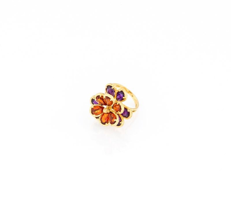 Anello in Oro Giallo di Topazio Citrino e Ametista