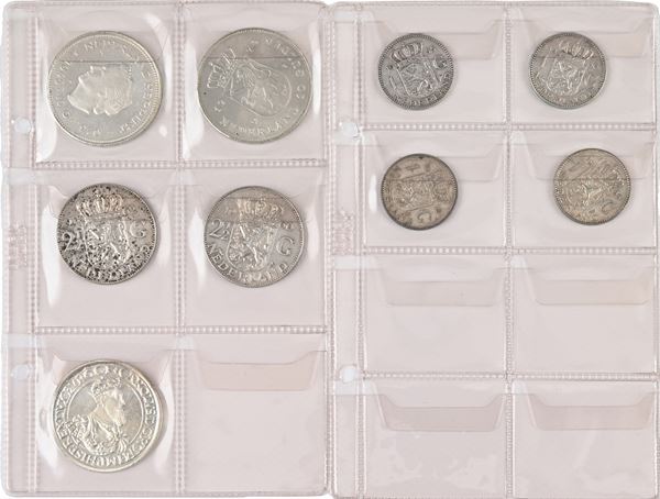 Lotto di monete: 5 Ecu 1987 Belgio; 10 Gulden 1970 e 1973, 2,5 Gulden 1960 e 1962, Gulden 1955 (2 pz.), 1956, 1958